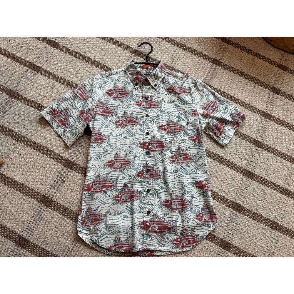 Reyn Spooner Hawaiian Short Sleeve Button Up Shirt Blue Red Fish Men’s Small